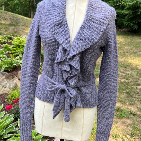 Lucky Brand Wool Blend Ruffle Cardigan Sweater Purple with Belt Women’s Small - Picture 2 of 6